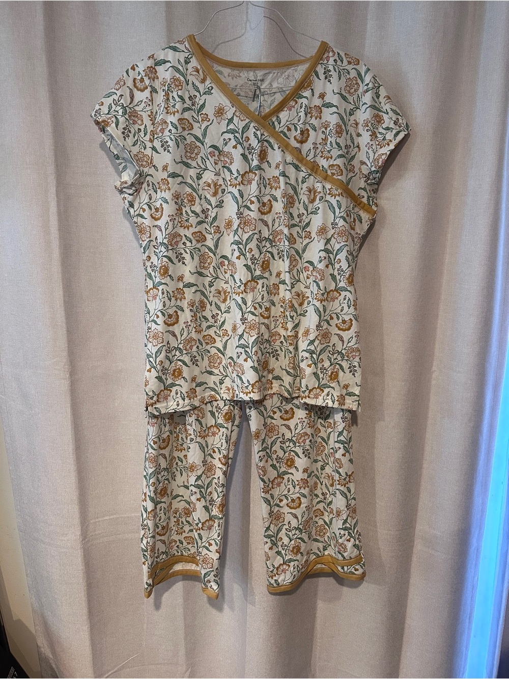 Garnet Hill Cream Floral Cap-Sleeve Pajama Set with Mustard Trim